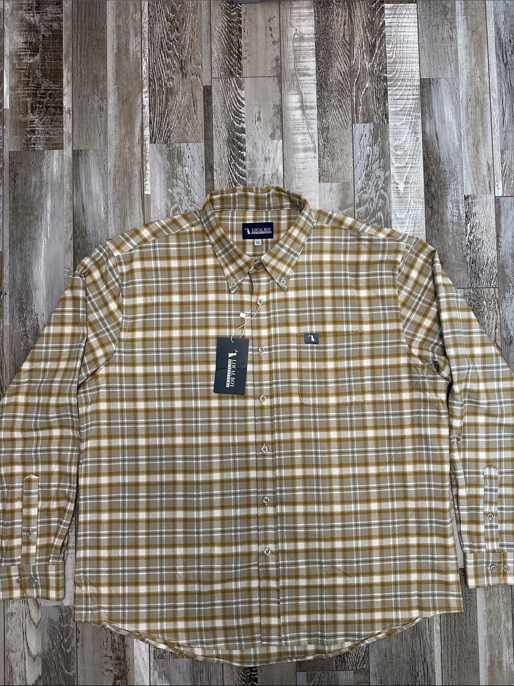 Local Boy Hutto Stretch Flannel Mustard and White Plaid Button-Down Shirt NWT